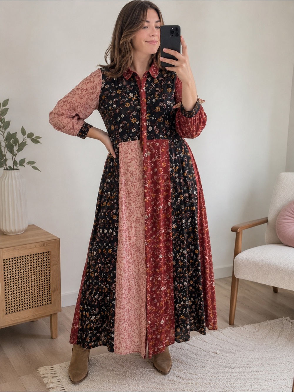 Zara Woman Patchwork Paisley Floral Maxi Shirt Dress XL Boho Prairie Whimsigoth